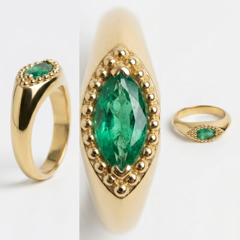 Anillo "Arrecife" en ORO 18K con Esmeralda Colombiana Talla Marquise.