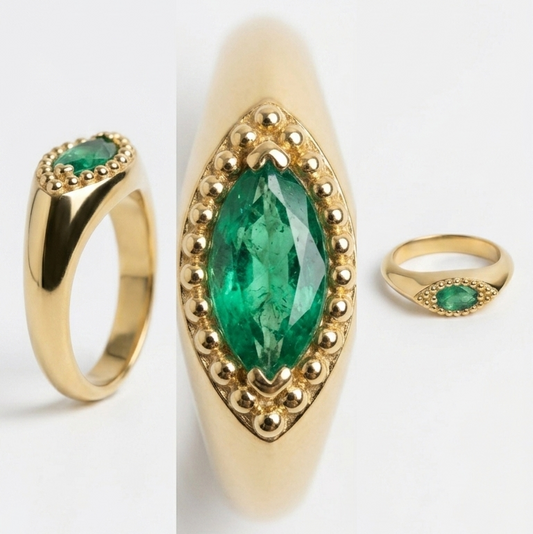 Anillo "Arrecife" en ORO 18K con Esmeralda Colombiana Talla Marquise.